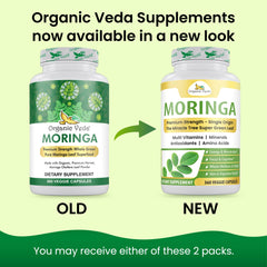 Organic Veda Moringa capsules bottle closeup shows vegan high-strength supplement.