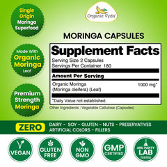 Organic Veda Moringa packaging highlights sustainable vegan production.