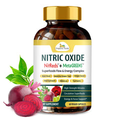 Organic Veda NitReds bottle front highlighting nitric oxide support for circulation.