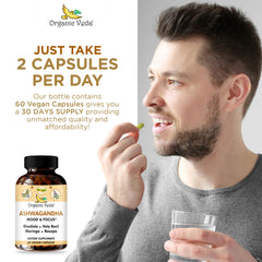 Organic Veda packaging shows vegan, non-GMO formulation for clean wellness.