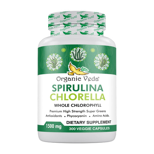 Organic Veda Spirulina & Chlorella capsules in bottle for daily green energy support.
