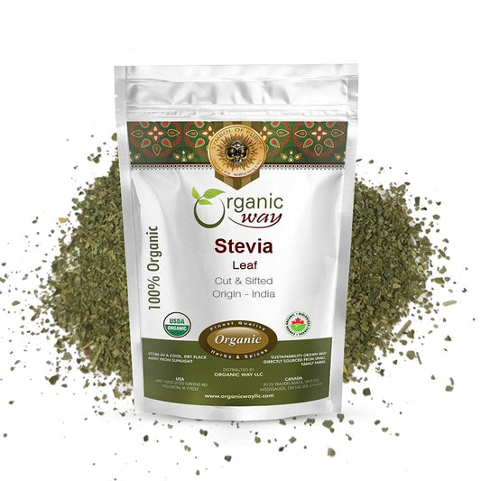 Organic Way Stevia Leaf Cut & Sifted bag close-up showing natural color and texture