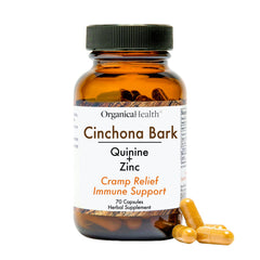 OrganicaHealth Quinine bottle label on counter, cramp relief potential.