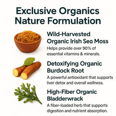 ORGANICS NATURE Sea Moss ingredients label highlights minerals and vitamins