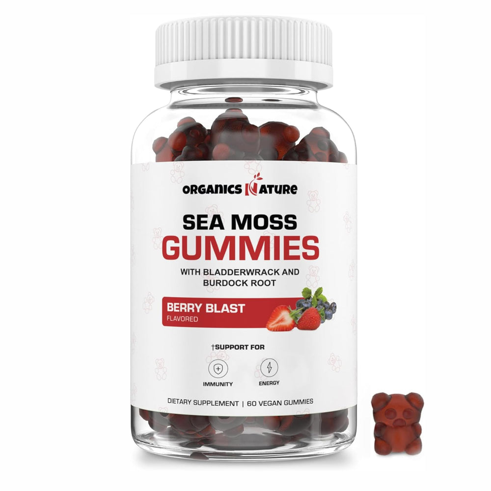 ORGANICS NATURE Irish Sea Moss Gummies bottle close-up highlighting berry flavor for daily immunity support.