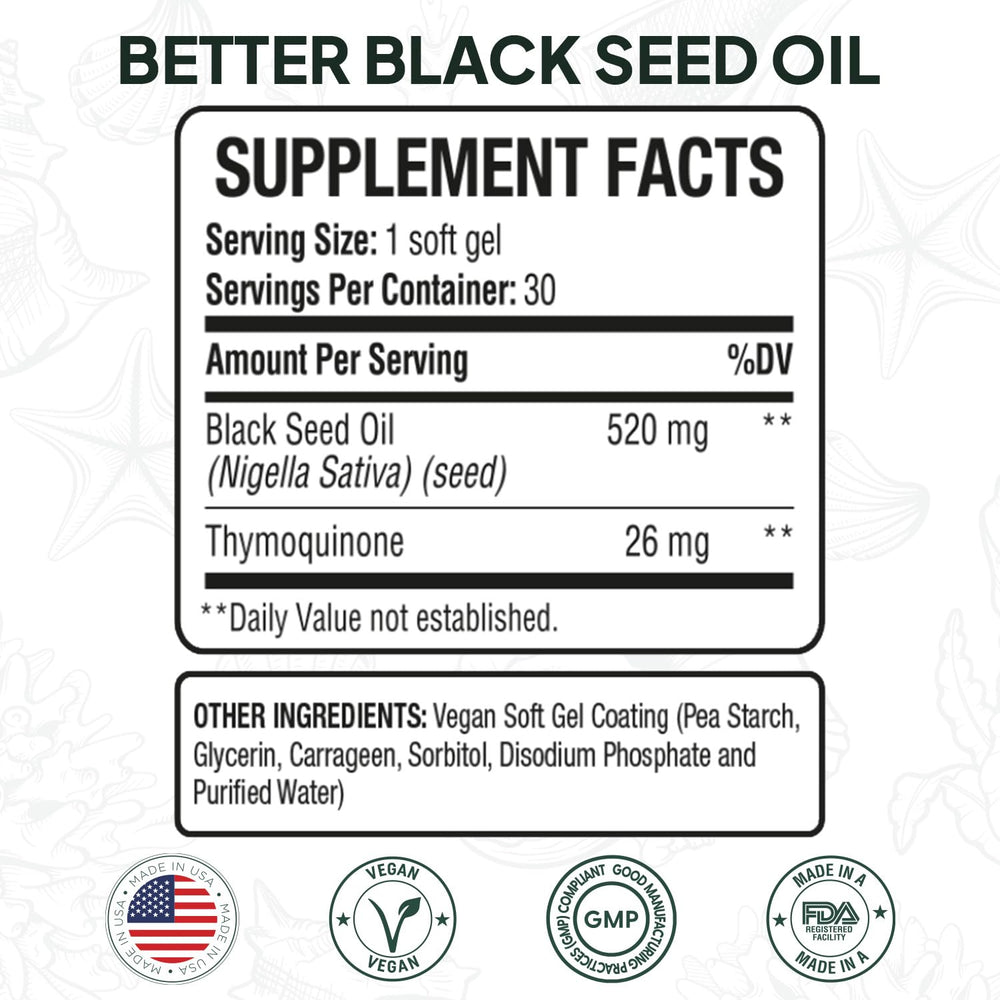 Organics Ocean Better Black Seed Oil capsules offer convenient one-a-day soft gels for easy dosing.