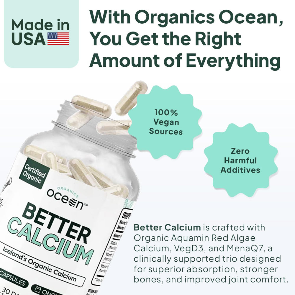 Organics Ocean Better Calcium capsules close-up show small vegan capsules with 500 mg per serving.