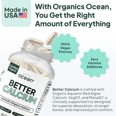 Organics Ocean Better Calcium capsules close-up show small vegan capsules with 500 mg per serving.