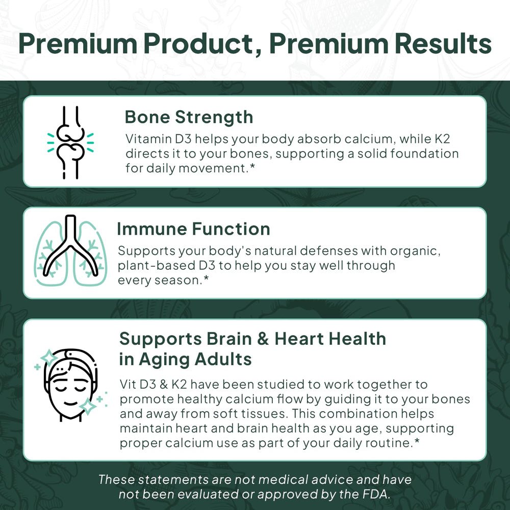 Packaging of Organics Ocean Better D3 + K2 emphasizing vegan, non-GMO formula