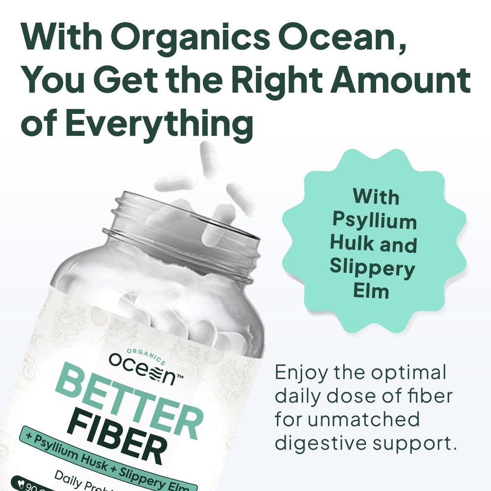 Organics Ocean Better Fiber daily dose capsule highlight convenient three-capsule routine.
