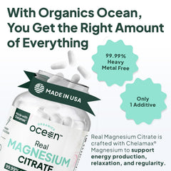 Organics Ocean Chelamax magnesium citrate capsules emphasize fast absorption.