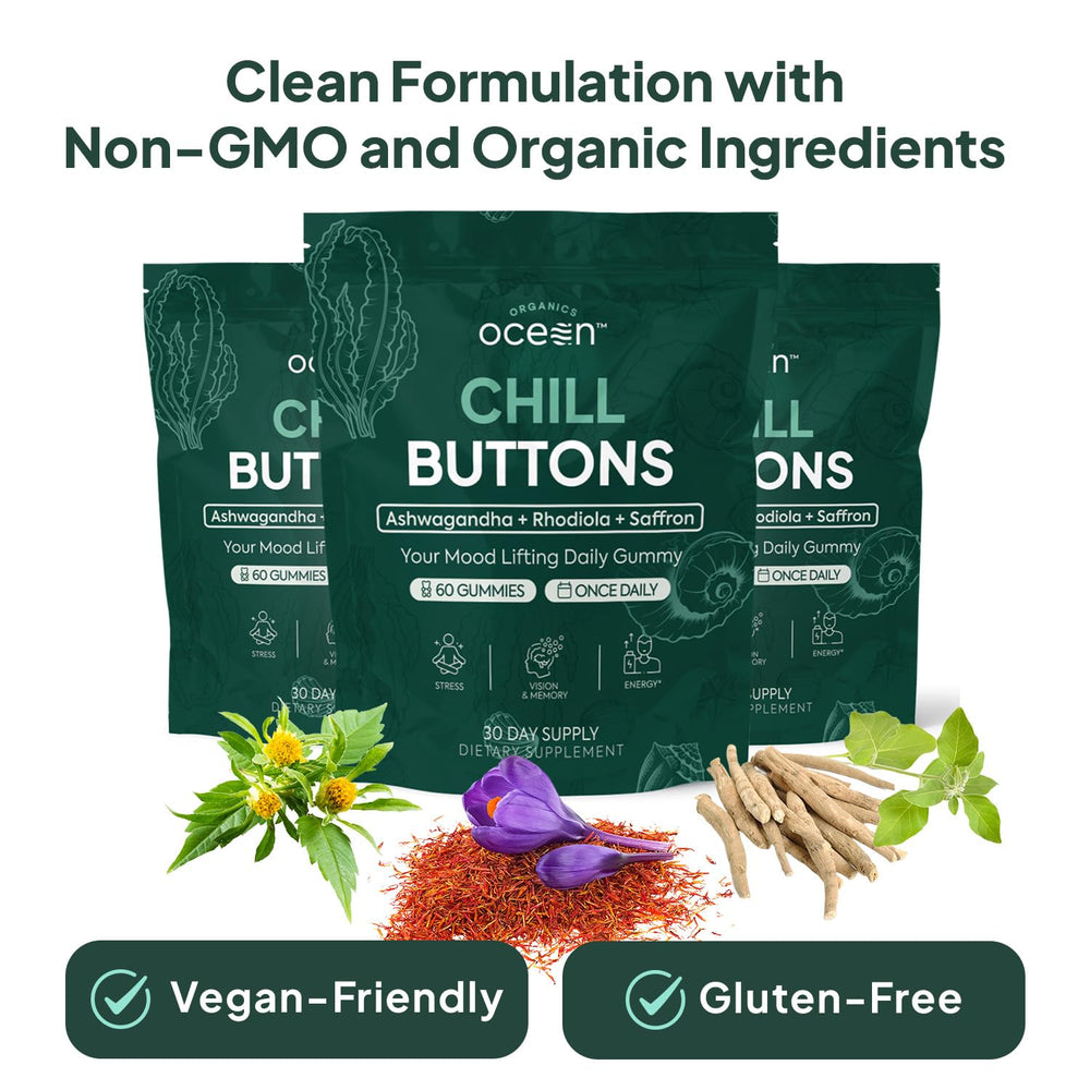 Organics Ocean Chill Buttons label highlights vegan, non-GMO, gluten-free.