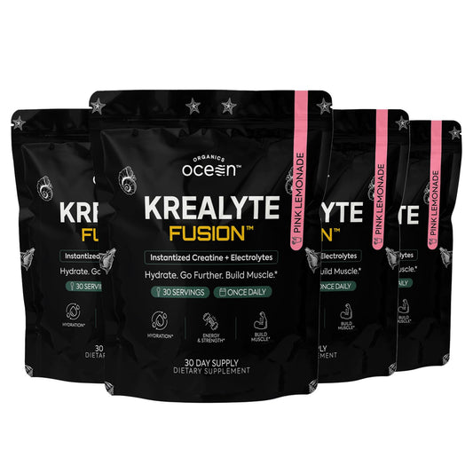 Organics Ocean Krealyte Fusion bottle pour shows hydration support and post-workout recovery.