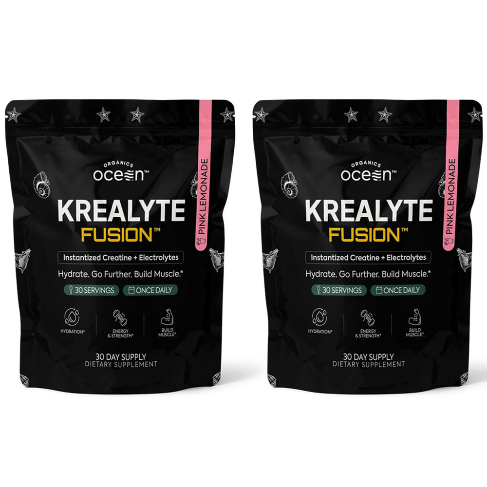 Organics Ocean Krealyte Fusion powder in a jar delivering 5g creatine per serving for workouts