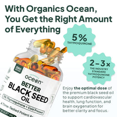 Organics Ocean Nigella Sativa oil label shows five percent thymoquinone potency.