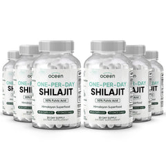 Organics Ocean One-Per-Day Shilajit capsule close-up showing a 250 mg daily dose for vitality support