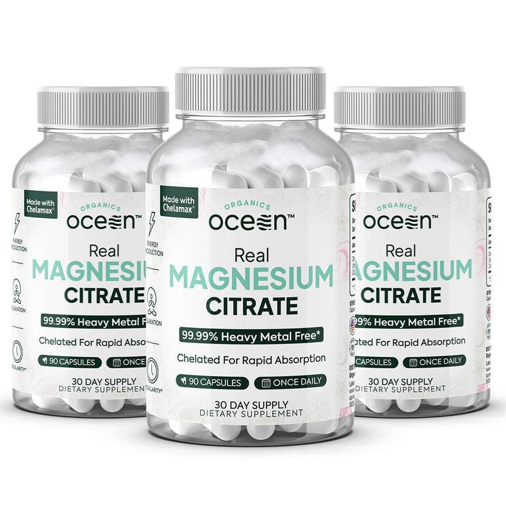 Organics Ocean Real Magnesium Citrate bottle; chelated magnesium for rapid absorption and daily energy.