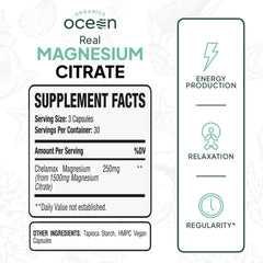 Close-up of Organics Ocean Real Magnesium Citrate capsules emphasizing purity and calm support.