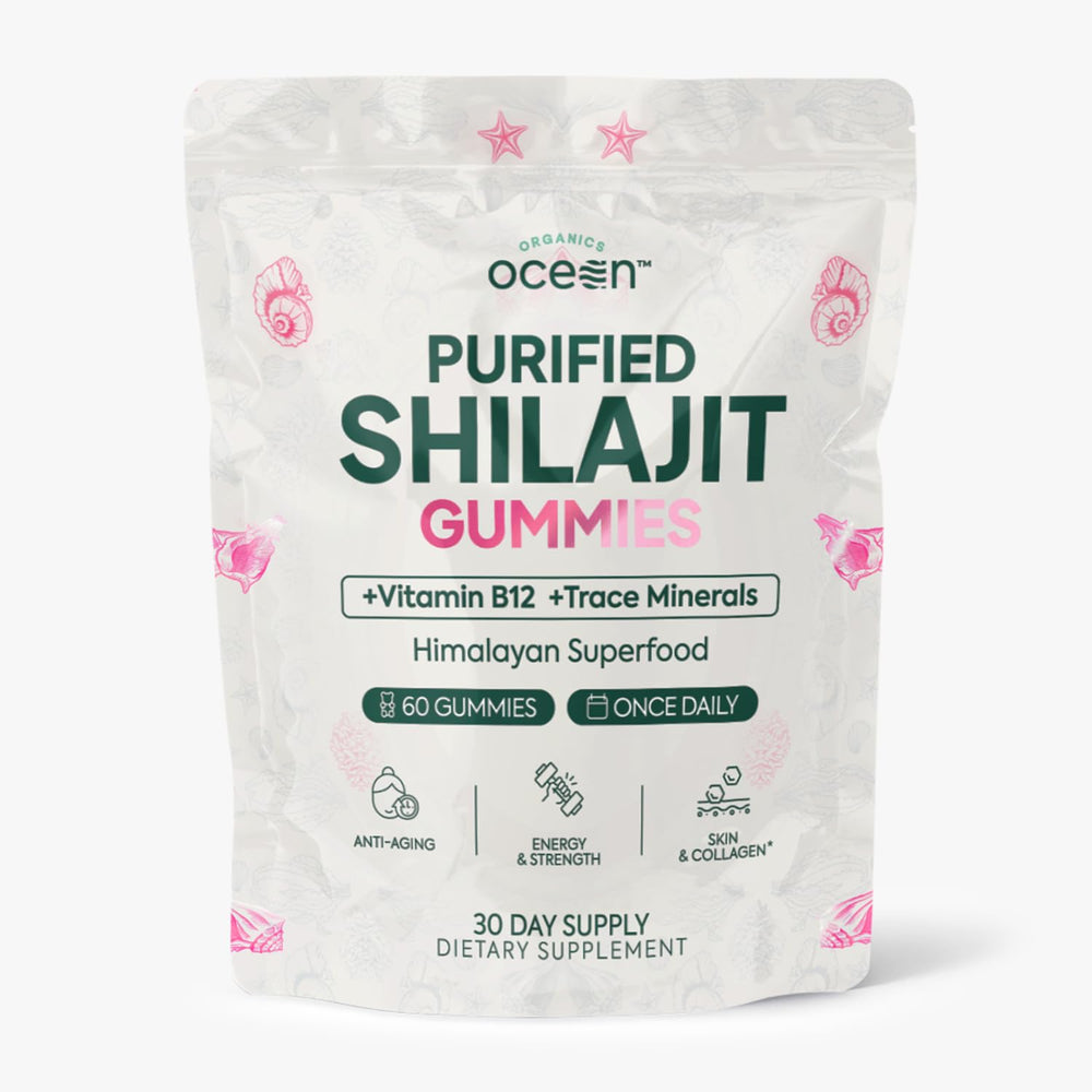 Organics Ocean Shilajit Gummies bottle with pumpkin cocoa flavor for daily energy.