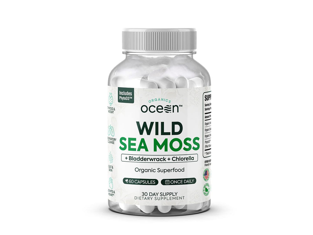 Organics Ocean Sea Moss Capsules bottle front highlighting organic formula for daily energy