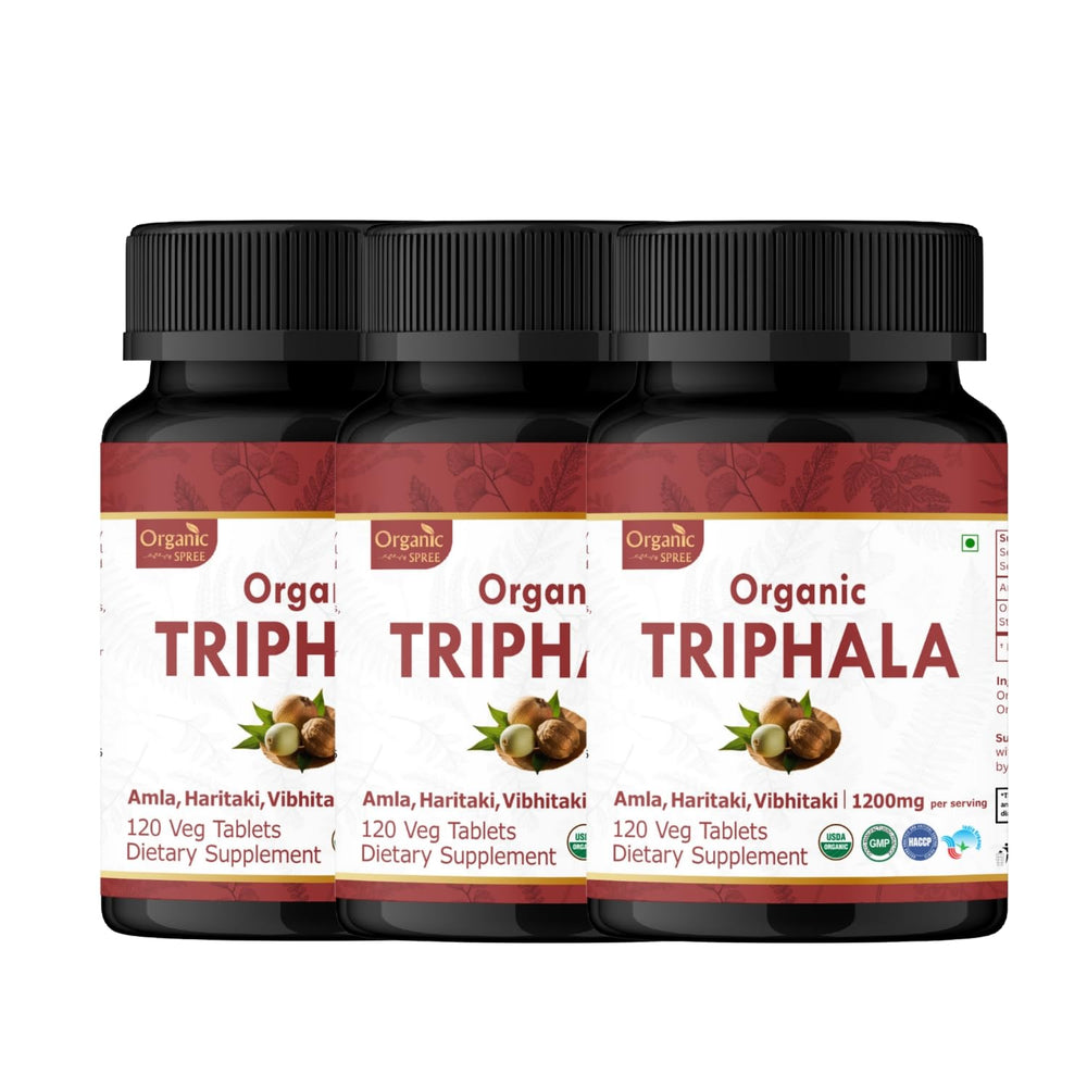 ORGANIC SPREE Triphala bottle front view showing packaging for convenient digestive support
