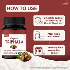 Close-up of ORGANIC SPREE Triphala tablets highlighting daily dose for routine use
