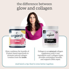 Organifi Collagen bottle beside glass during morning routine.