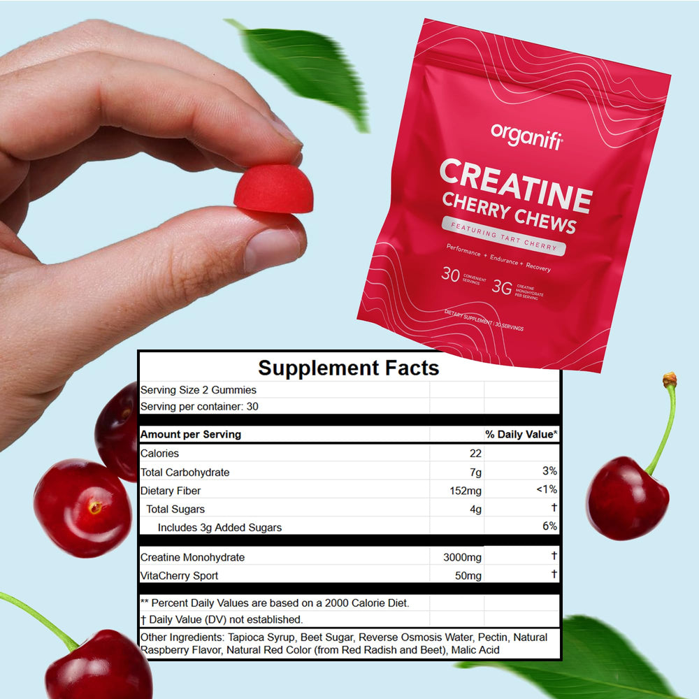 Organifi Creatine Chews bottle close-up with real-food ingredients and VitaCherry