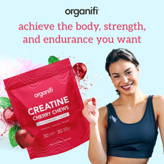 Organifi Creatine Chews gummies on platter emphasizing cherry flavor and taste