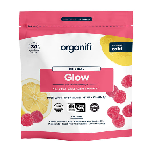 Organifi Glow bottle front view for daily skin hydration support.