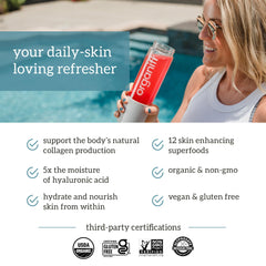 Organifi Glow raspberry lemonade dissolve demonstrates tasty hydration for skin care.