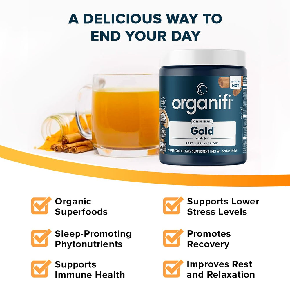 Organifi Gold coconut milk and MCT provide creamy texture and relaxing nutrients.