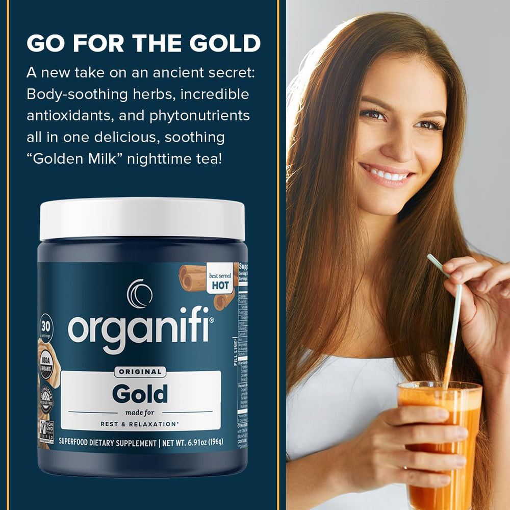 Organifi Gold ingredients like lemon balm and ginger for calm evenings.