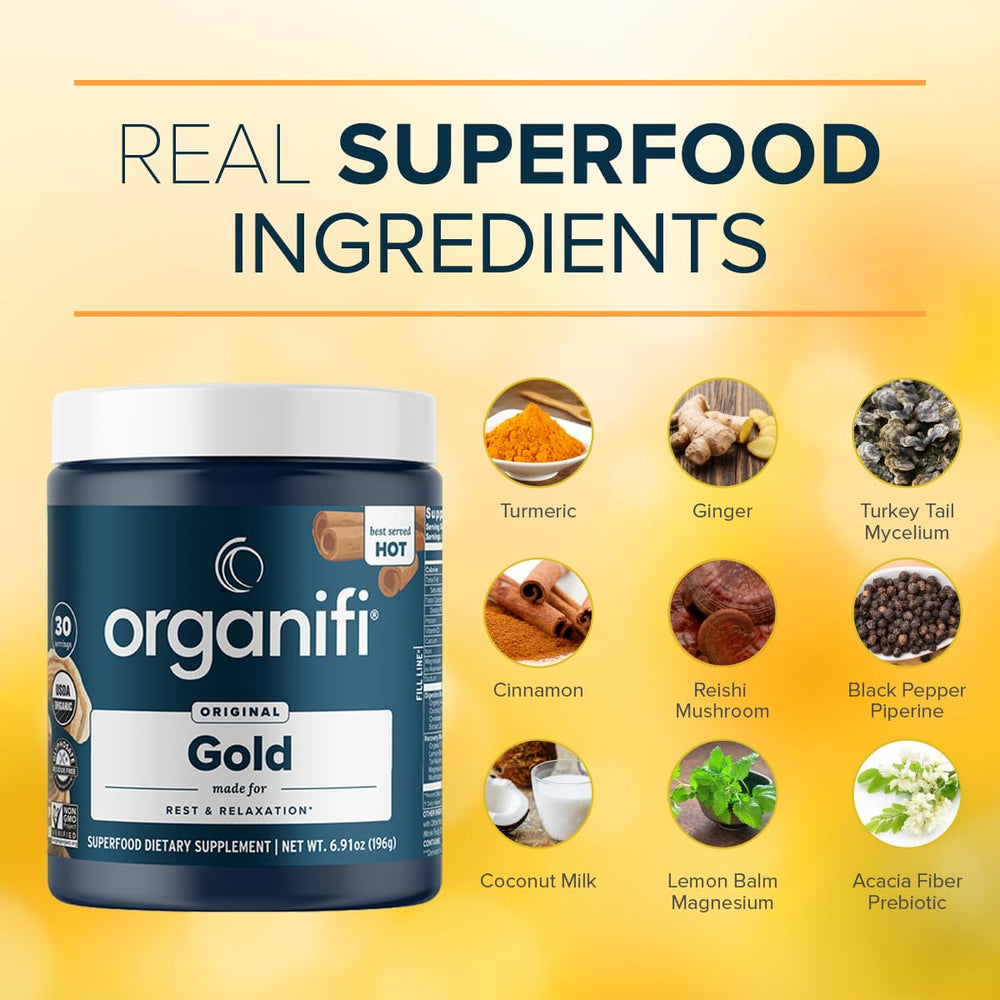 Organifi Gold serving on a nightstand signaling a gentle wind-down routine.