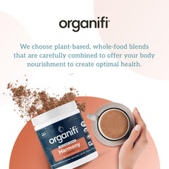 Gluten-free and vegan label on Organifi Harmony packaging.