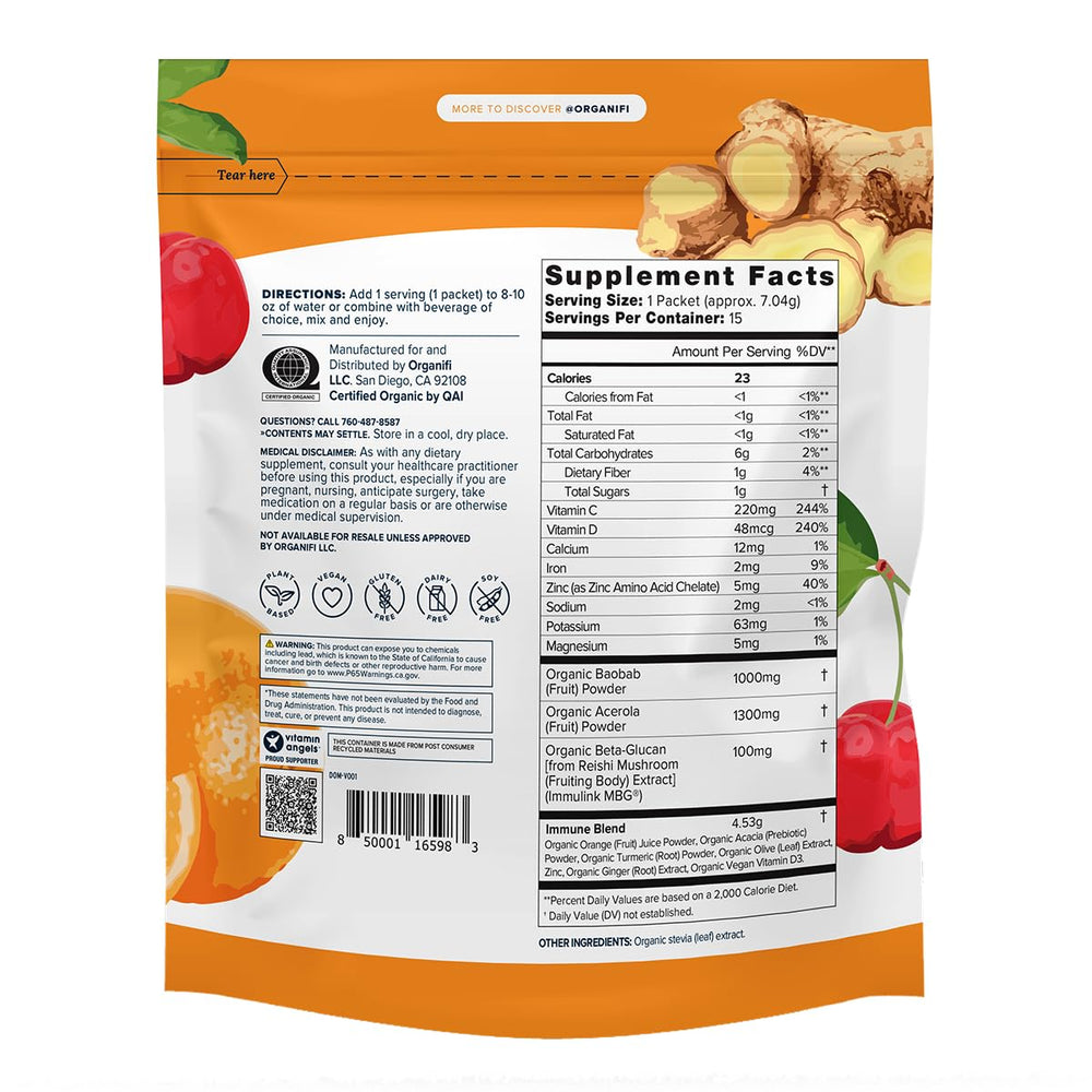Open Organifi Immunity packet and pour powder into water for a quick mix.