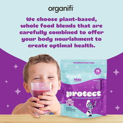 Organifi Kids Protect prepared drink with a kid-friendly berry aroma.