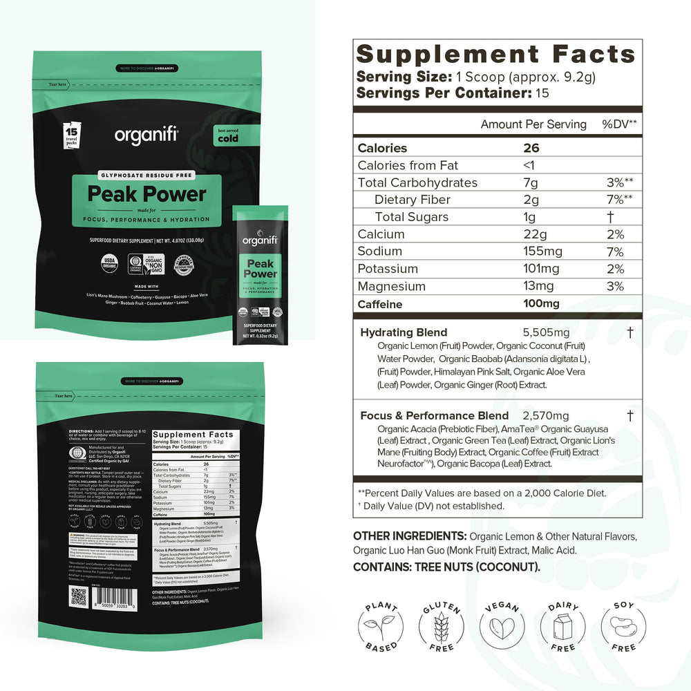 Close-up of Organifi Peak Power scoop for precise pre-workout dosing.