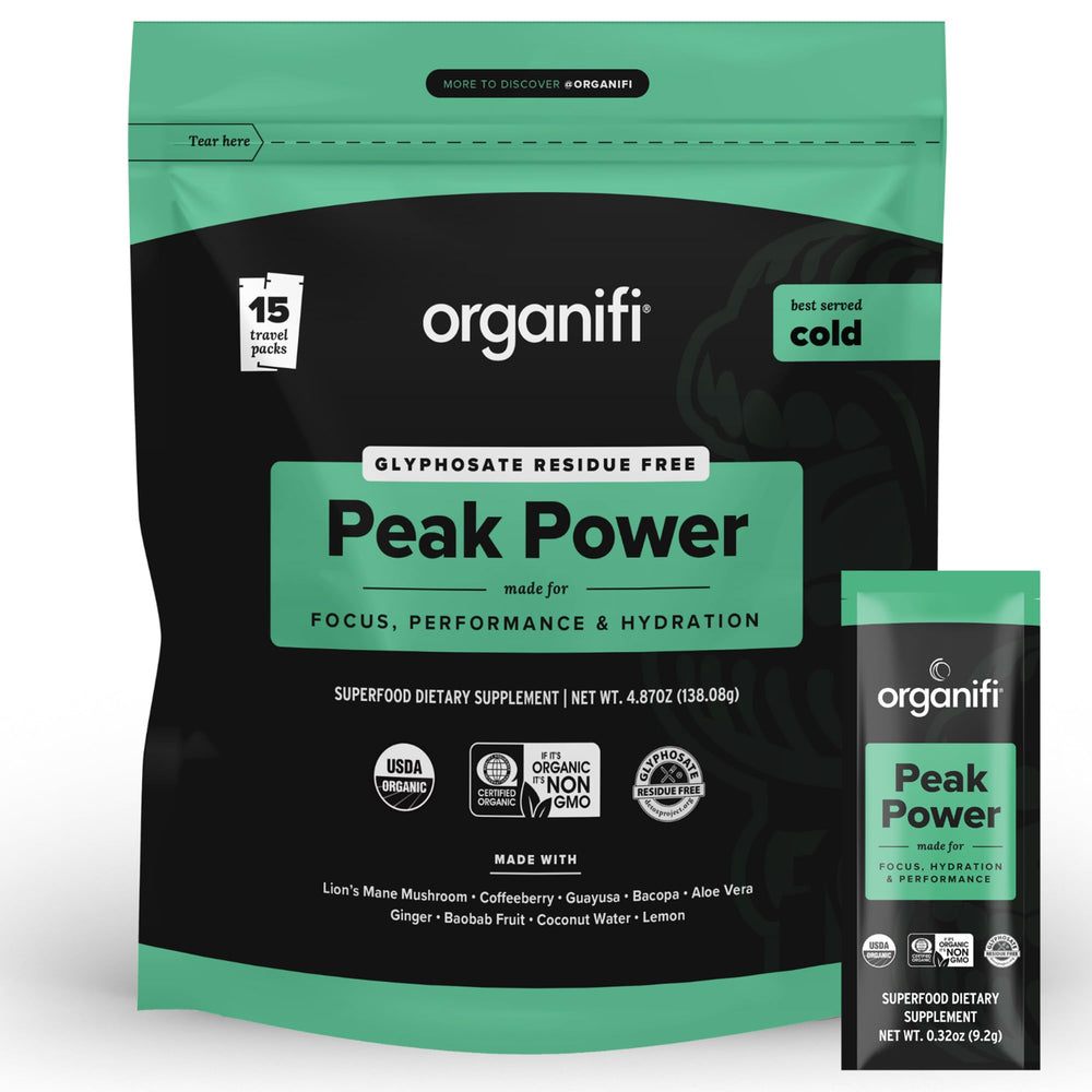 Organifi Peak Power tub front for a hydrating pre-workout boost.