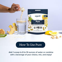 Organifi Pure glass with drink evokes refreshing cold serving and focus moments