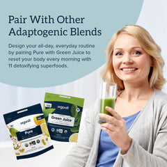 Organifi Pure scoop-in-hand demonstrates quick, low-sugar mix for daily focus