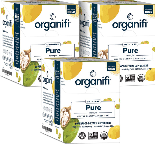 Organifi Pure Smart Packs lemon bottle close-up showing daily cognitive support ingredients.