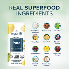 Organifi packaging with ingredients list signals natural, low-sugar nourishment.