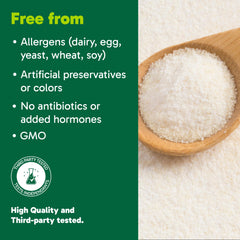 Organika Collagen Powder serving spoon with label, convenient daily supplement.