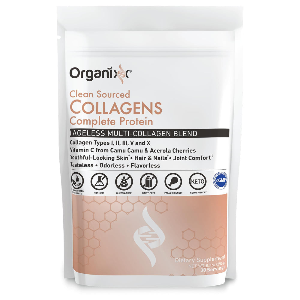 Organixx collagen powder scoop beside jar for easy serving.