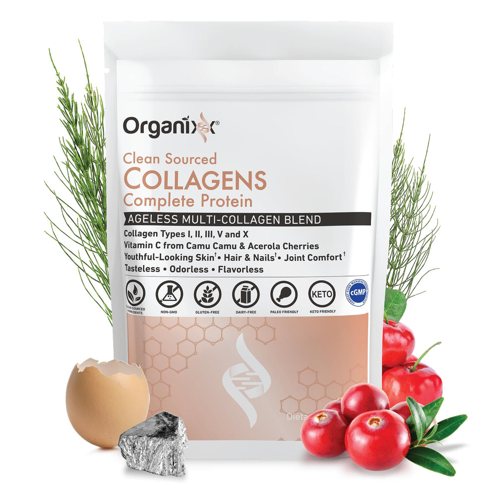 Organixx collagen powder being scooped, ready to mix into drinks.