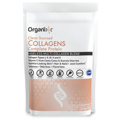Organixx collagen powder scoop beside jar for easy serving.