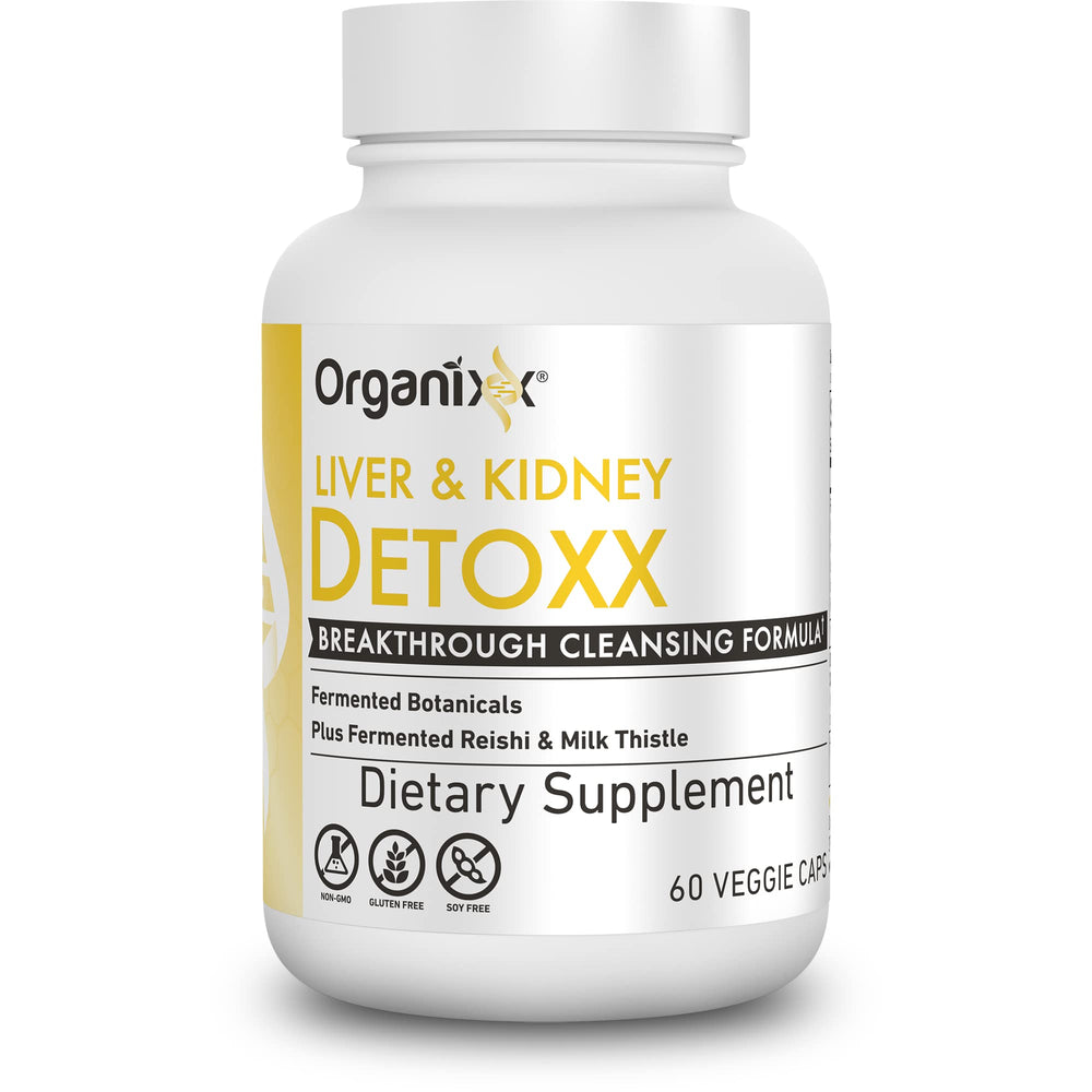Organixx Kidney & Liver Cleanse bottle with capsules for detox support and balanced energy.