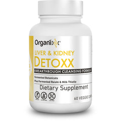 Organixx Kidney & Liver Cleanse bottle with capsules for detox support and balanced energy.