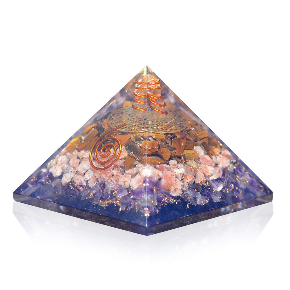 Orgonite Crystal Orgone Iron Will Pyramid front view with Tiger Eye for focused energy